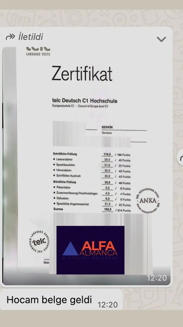 Alfa Almanca öğrenci sertifikası